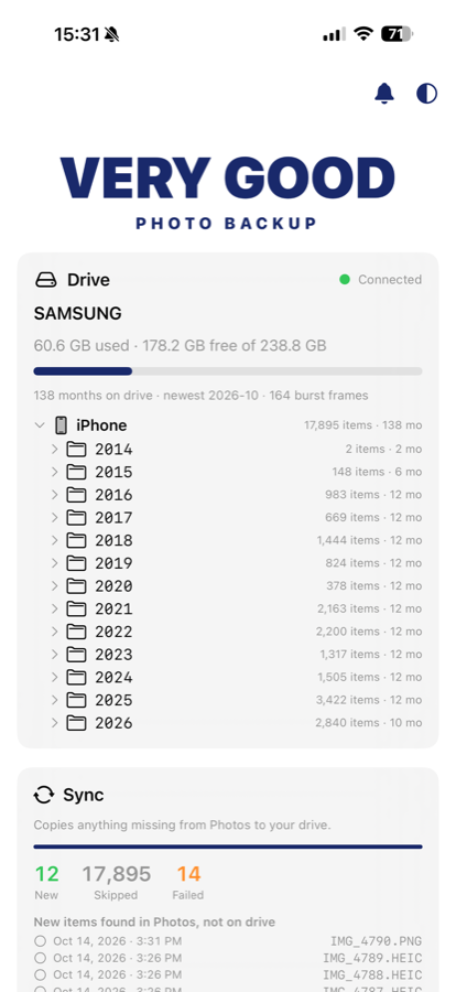 Drive browser showing year folders with item counts