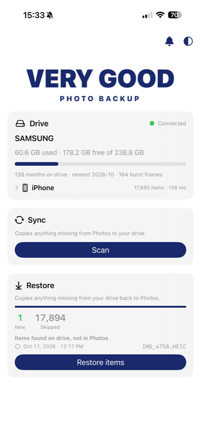 Restore screen showing items being added back to the phone from the drive